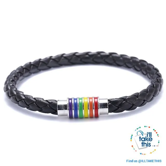 🌈 Rainbow Gay Pride LGBT Braided Vegan Leather Bracelet with Magnetic Clasp