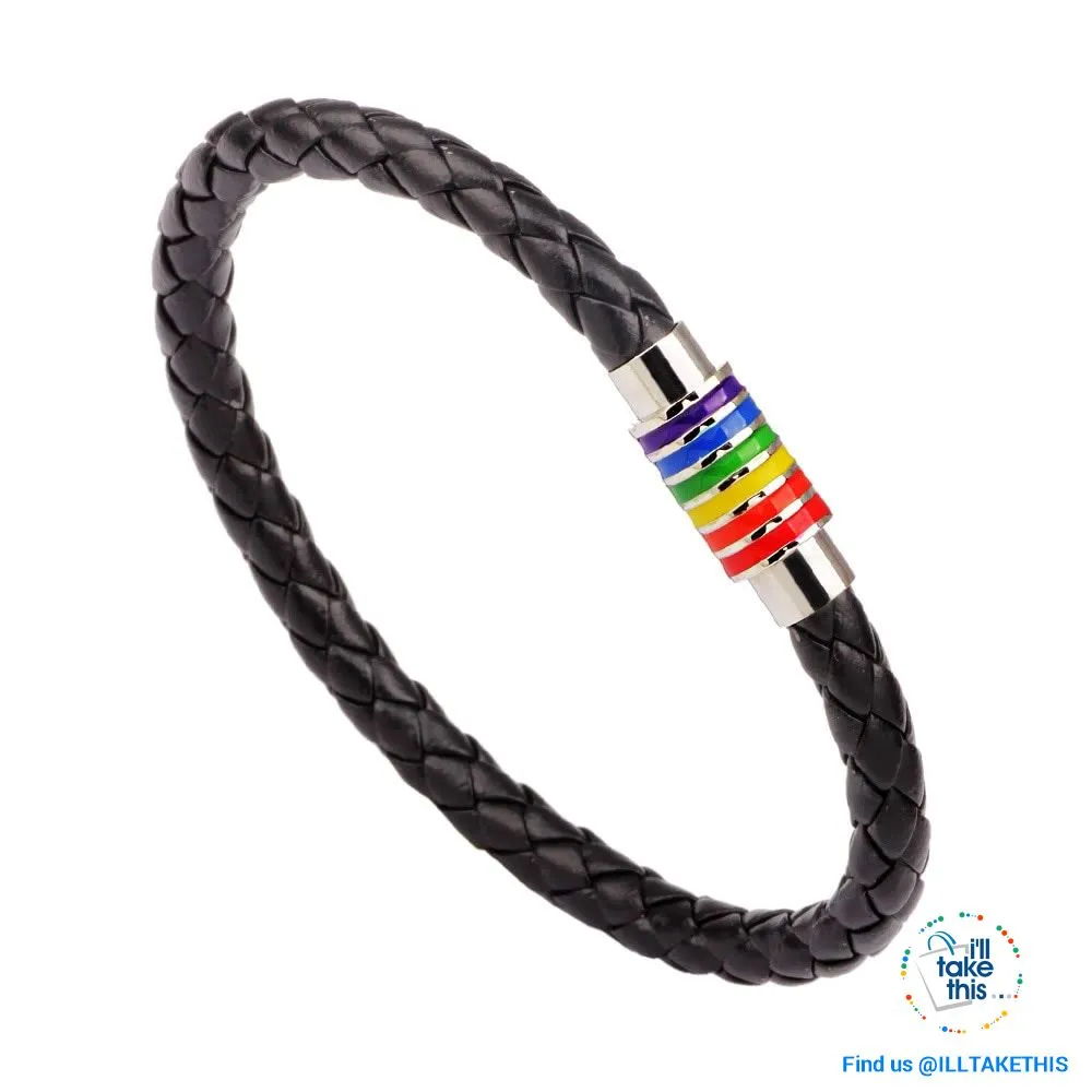 🌈 Rainbow Gay Pride LGBT Braided Vegan Leather Bracelet with Magnetic Clasp