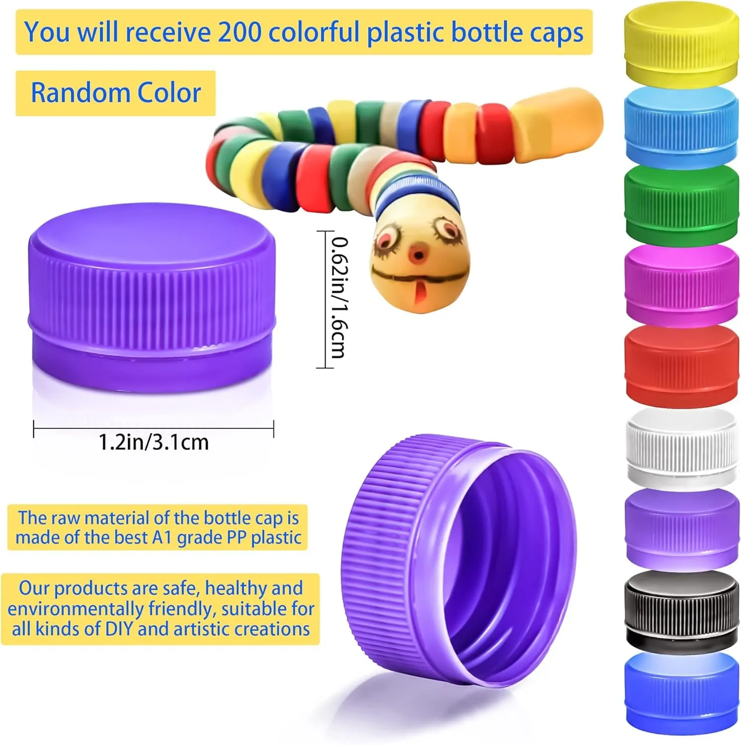 100 PCS Colorful Plastic Bottle Caps, 1.2 Inch Plastic Bottle Lids Colored Bottle Tops, Small Craft Bottlecaps DIY Bottle Lids Neon Plastic Bottle Cap Top Lid for Craft and DIY