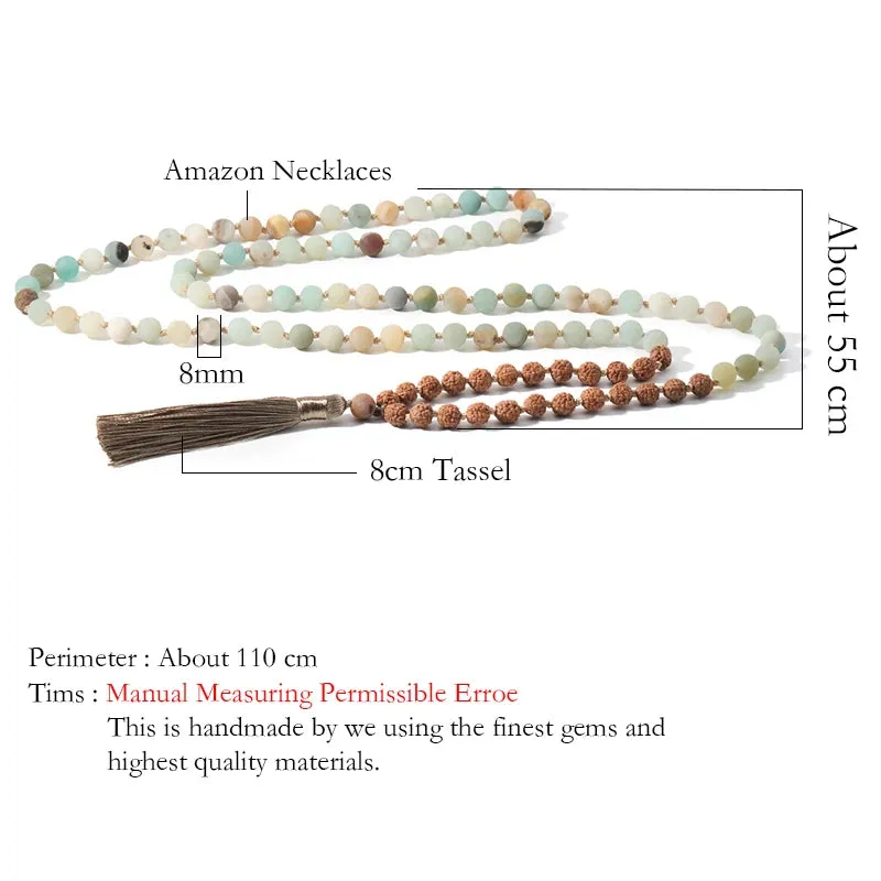 108 Mala Rudraksha & Matte Amazonite Beaded Knotted Necklace