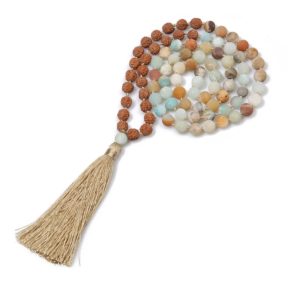 108 Mala Rudraksha & Matte Amazonite Beaded Knotted Necklace