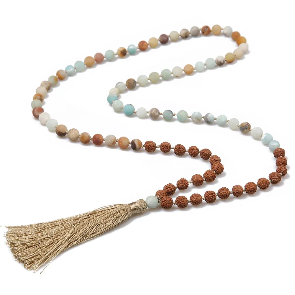 108 Mala Rudraksha & Matte Amazonite Beaded Knotted Necklace