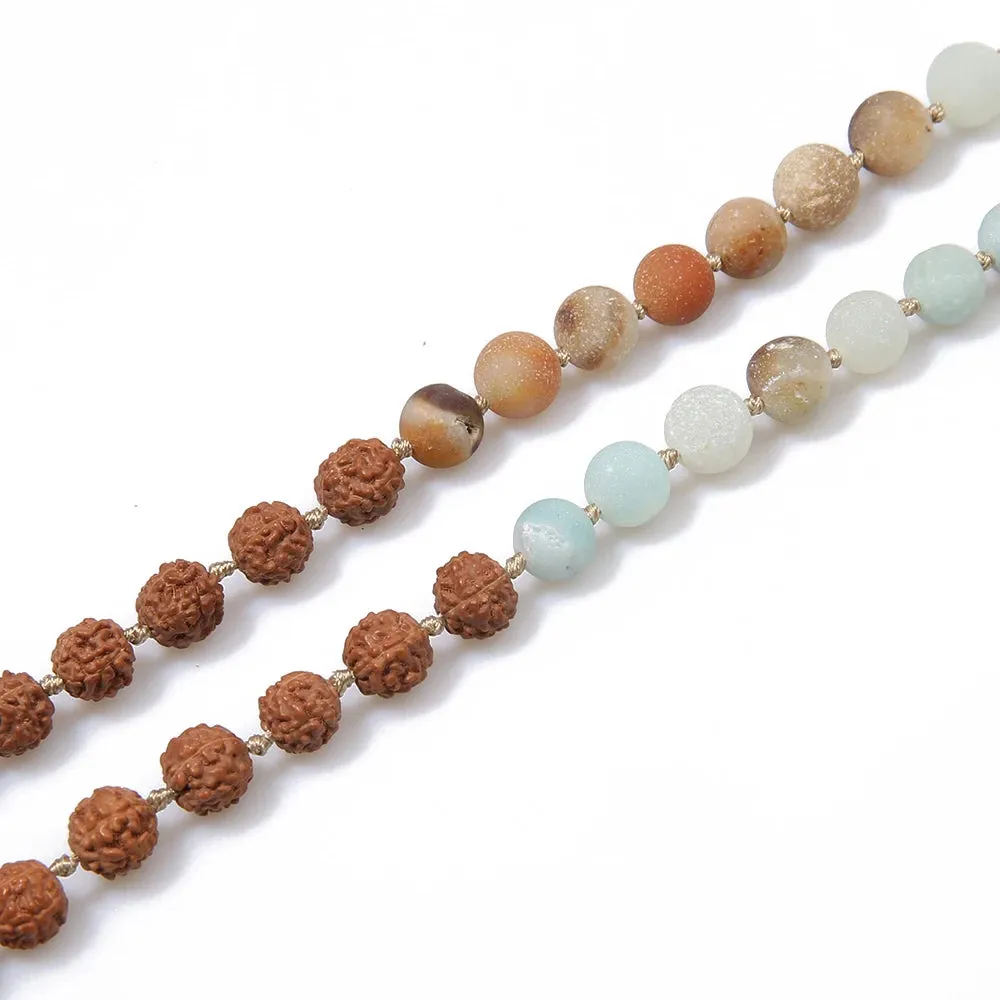 108 Mala Rudraksha & Matte Amazonite Beaded Knotted Necklace