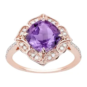 10k Rose Gold Vintage Style Cushion Amethyst and Diamond Ring