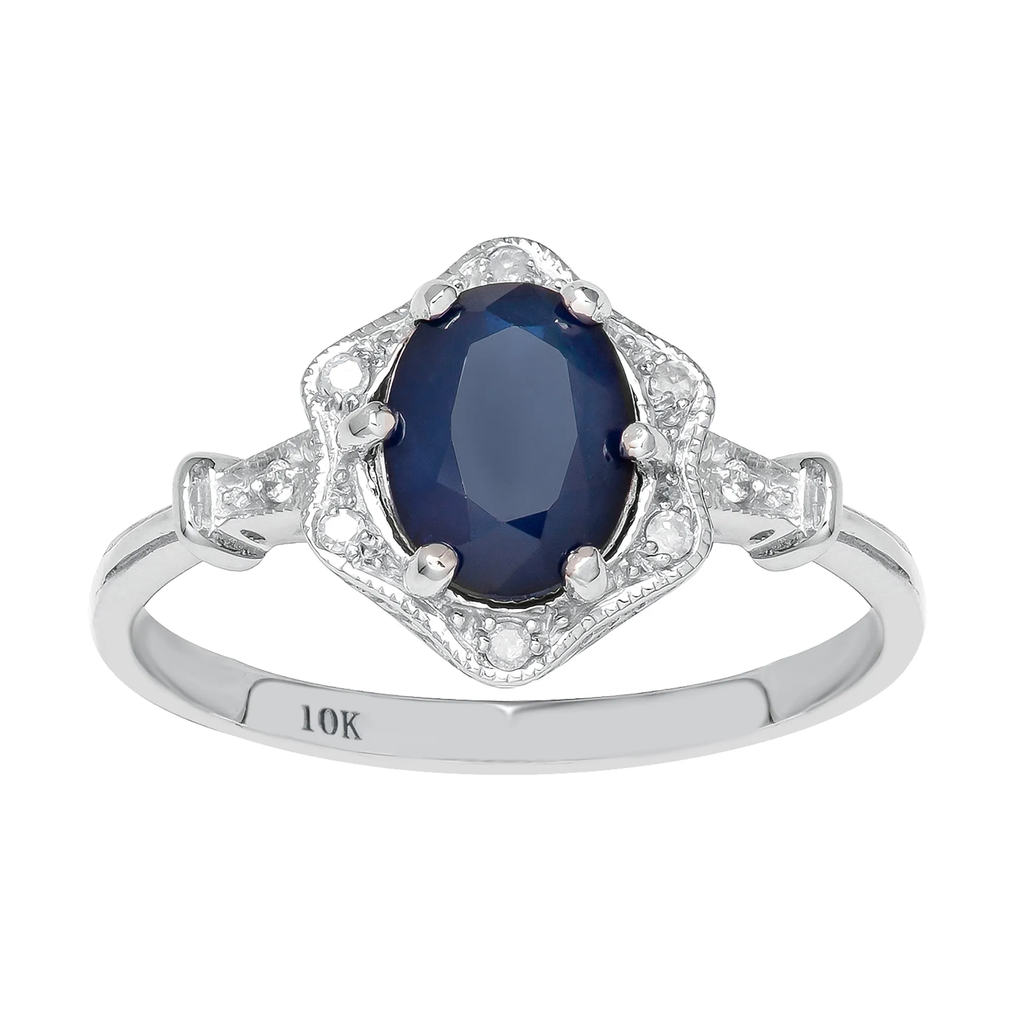 10k White Gold Vintage Style Genuine Oval Sapphire and Diamond Halo Ring