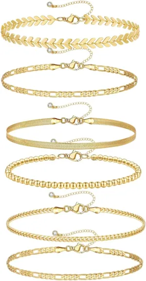 14K Gold Ankle Bracelets for Women, Gold Cuban Link Anklets Bracelets for Women Adjustable Layered Beach Anklet Set Alloy Foot Chain Jewelry