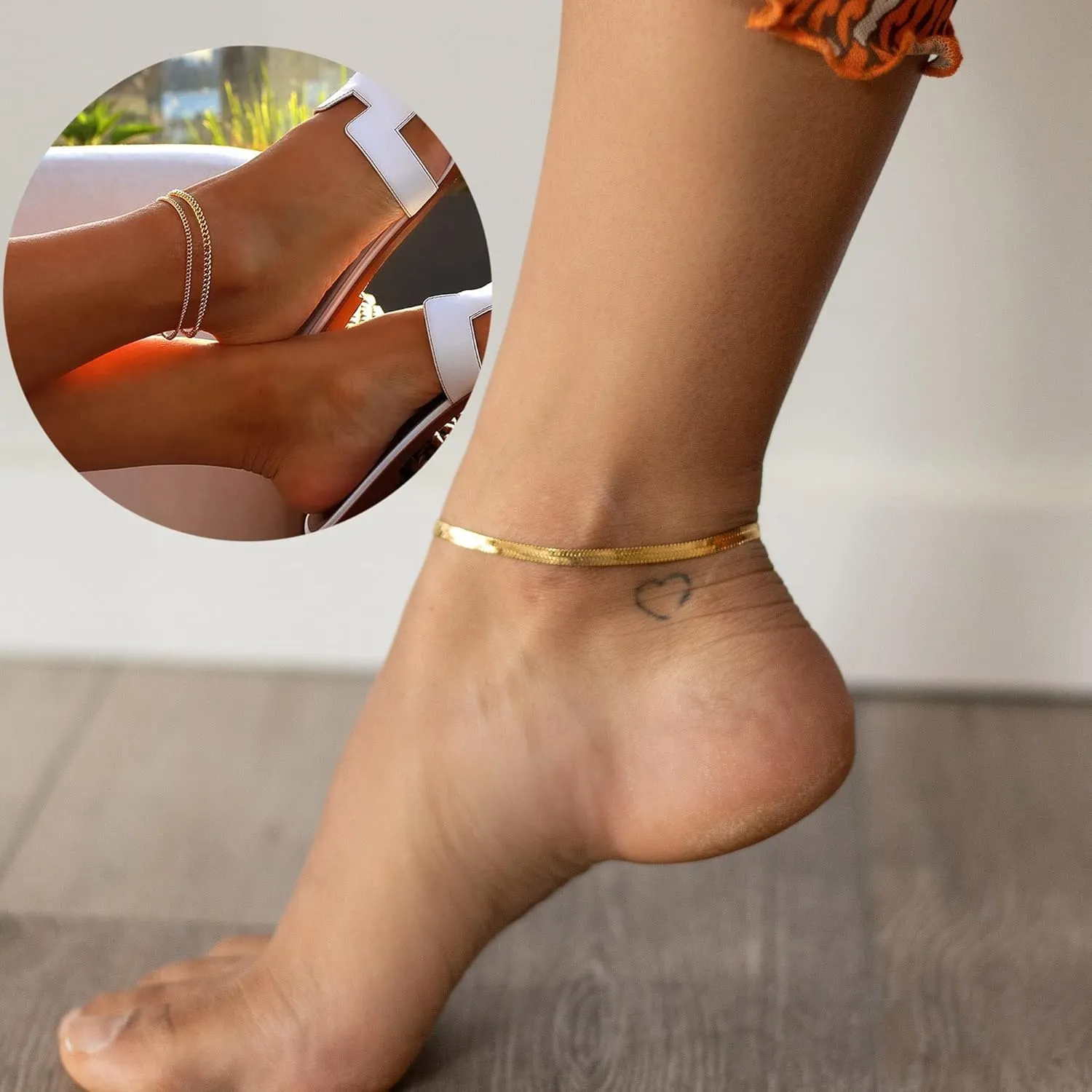 14K Gold Ankle Bracelets for Women, Gold Cuban Link Anklets Bracelets for Women Adjustable Layered Beach Anklet Set Alloy Foot Chain Jewelry