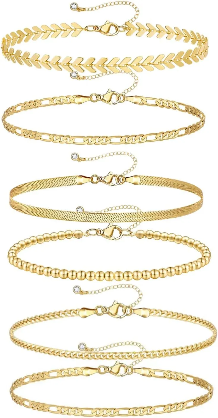 14K Gold Ankle Bracelets for Women, Gold Cuban Link Anklets Bracelets for Women Adjustable Layered Beach Anklet Set Alloy Foot Chain Jewelry
