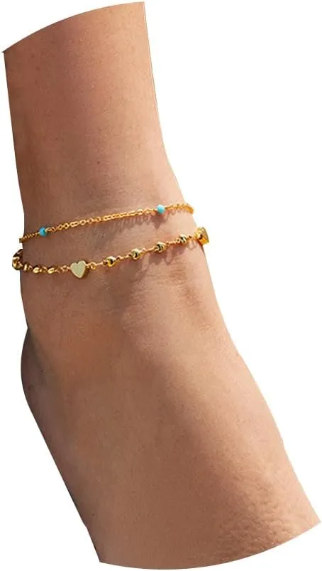 14K Gold Layered Ankle Bracelets Rhinestone Hearts Cuban Link Anklets Adjustable Size Beach Anklet for Women