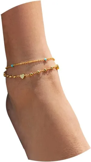 14K Gold Layered Ankle Bracelets Rhinestone Hearts Cuban Link Anklets Adjustable Size Beach Anklet for Women