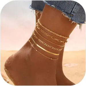 14K Gold Plated Anklets for Women Adjustable 6Pcs Anklet Set Waterproof Cuban Paperclip Links Snake Chain Layered Anklets