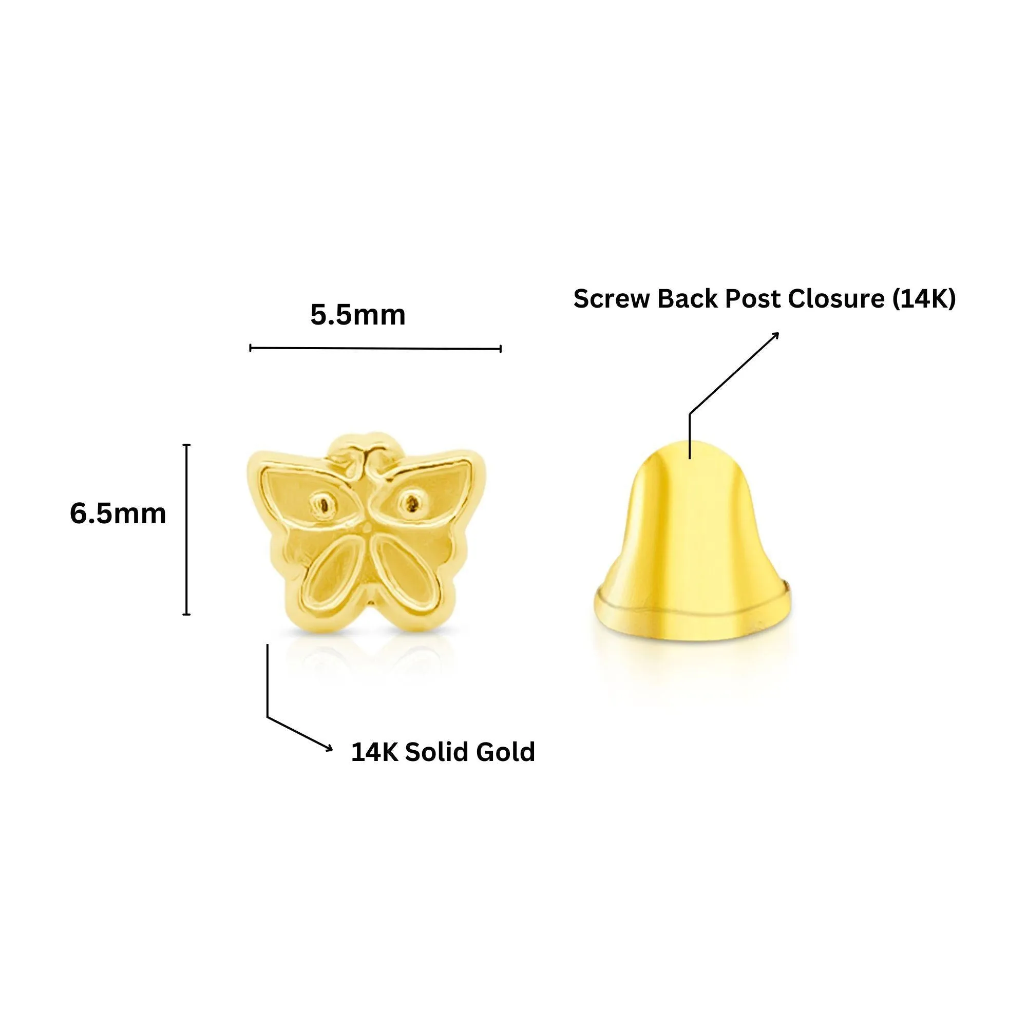 14K Solid Yellow Gold Dainty Butterfly Stud Earrings Screw Back Closure