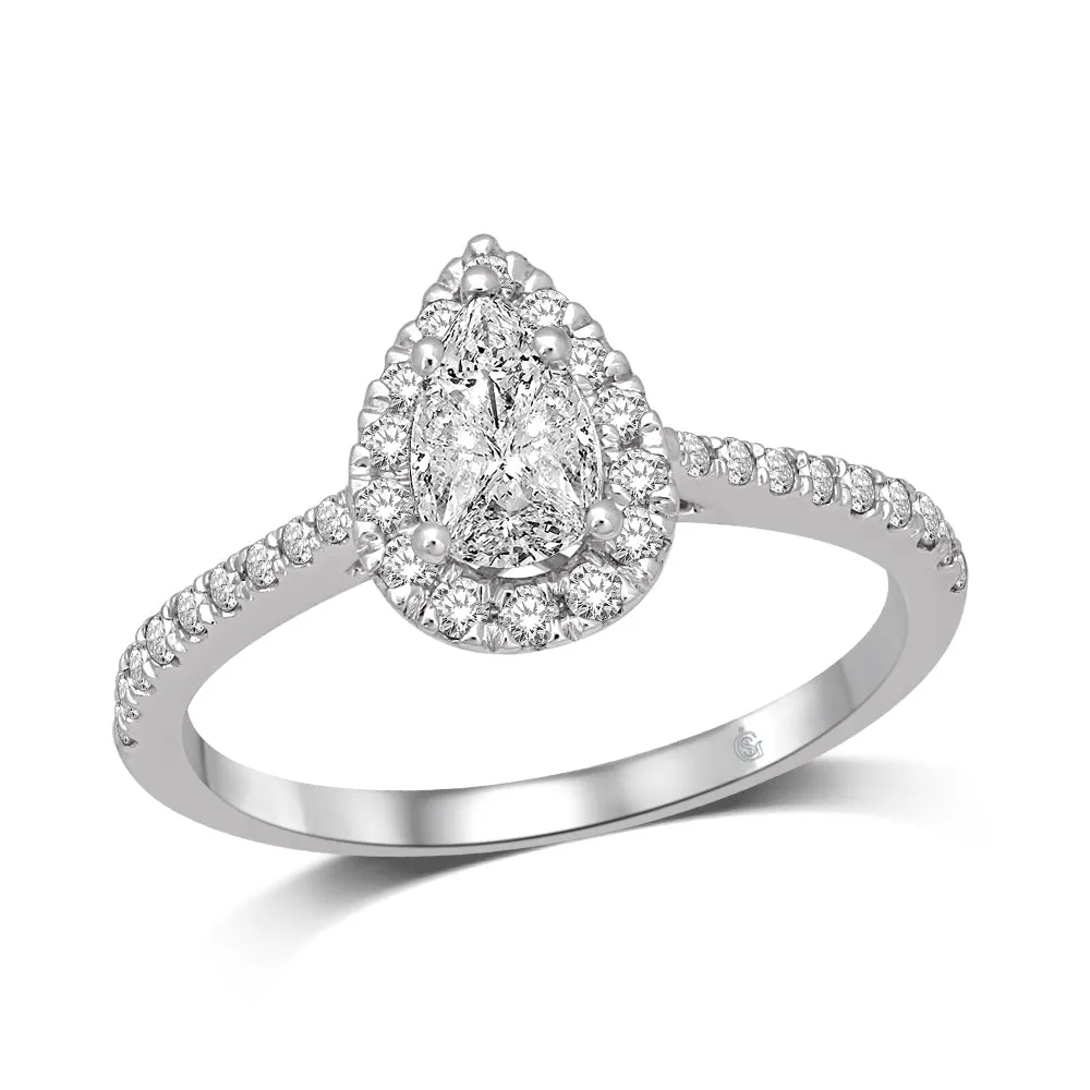 14K White Gold 0.62ctw Pear Shape Halo Engagement Diamond Ring | Fame Diamonds