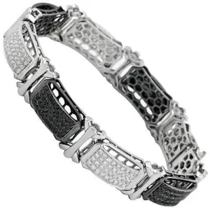 14K White Solid Gold Mens Diamond Bracelet with Black Diamonds 14.00 Ctw