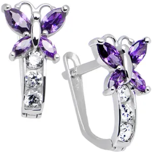 14kt White Gold Butterfly February Birthstone Leverback Earrings