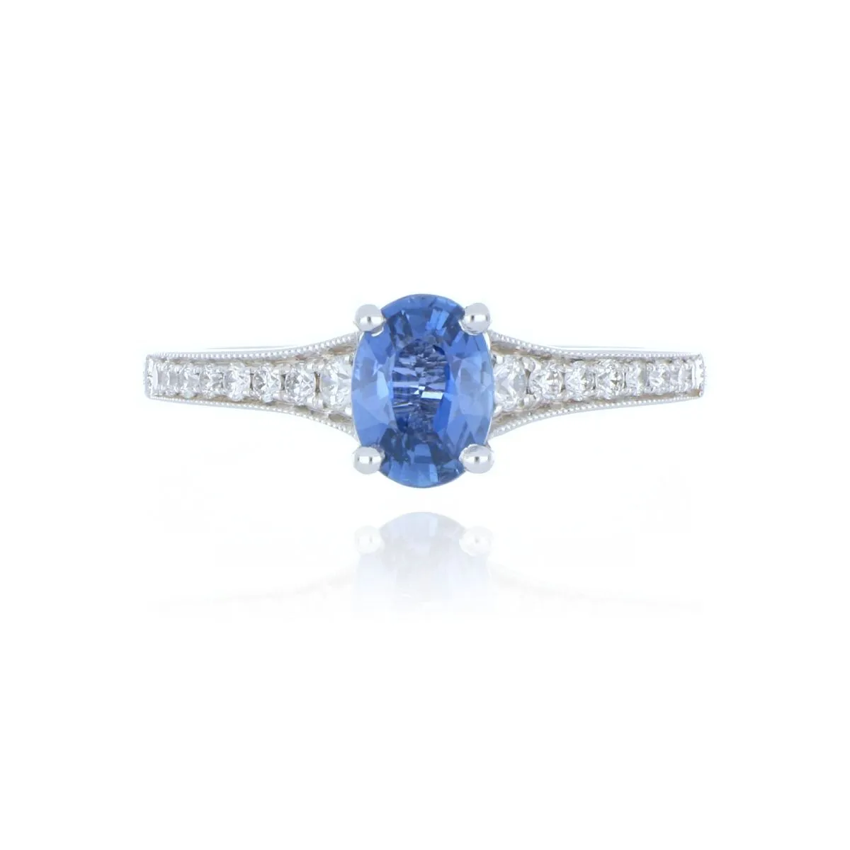 18ct White Gold 1.06ct Oval Cut Sapphire Ring With Diamond Set Shoulders