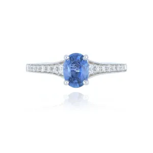 18ct White Gold 1.06ct Oval Cut Sapphire Ring With Diamond Set Shoulders