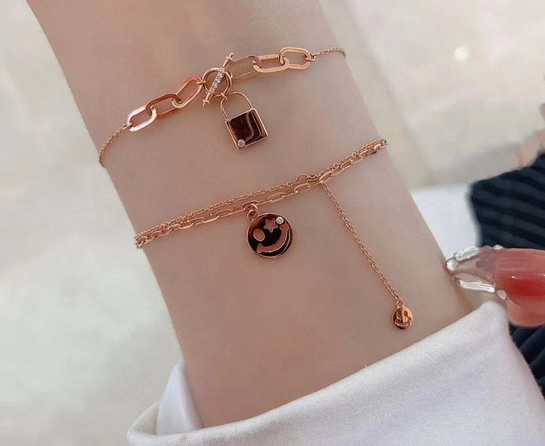 18K Gold Smile Custom Bracelet Fashion Double Solid Yellow Gold Jewelry Women Layer Wedding Diamond Medal Bracelet
