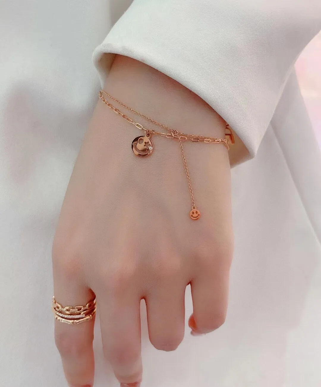 18K Gold Smile Custom Bracelet Fashion Double Solid Yellow Gold Jewelry Women Layer Wedding Diamond Medal Bracelet