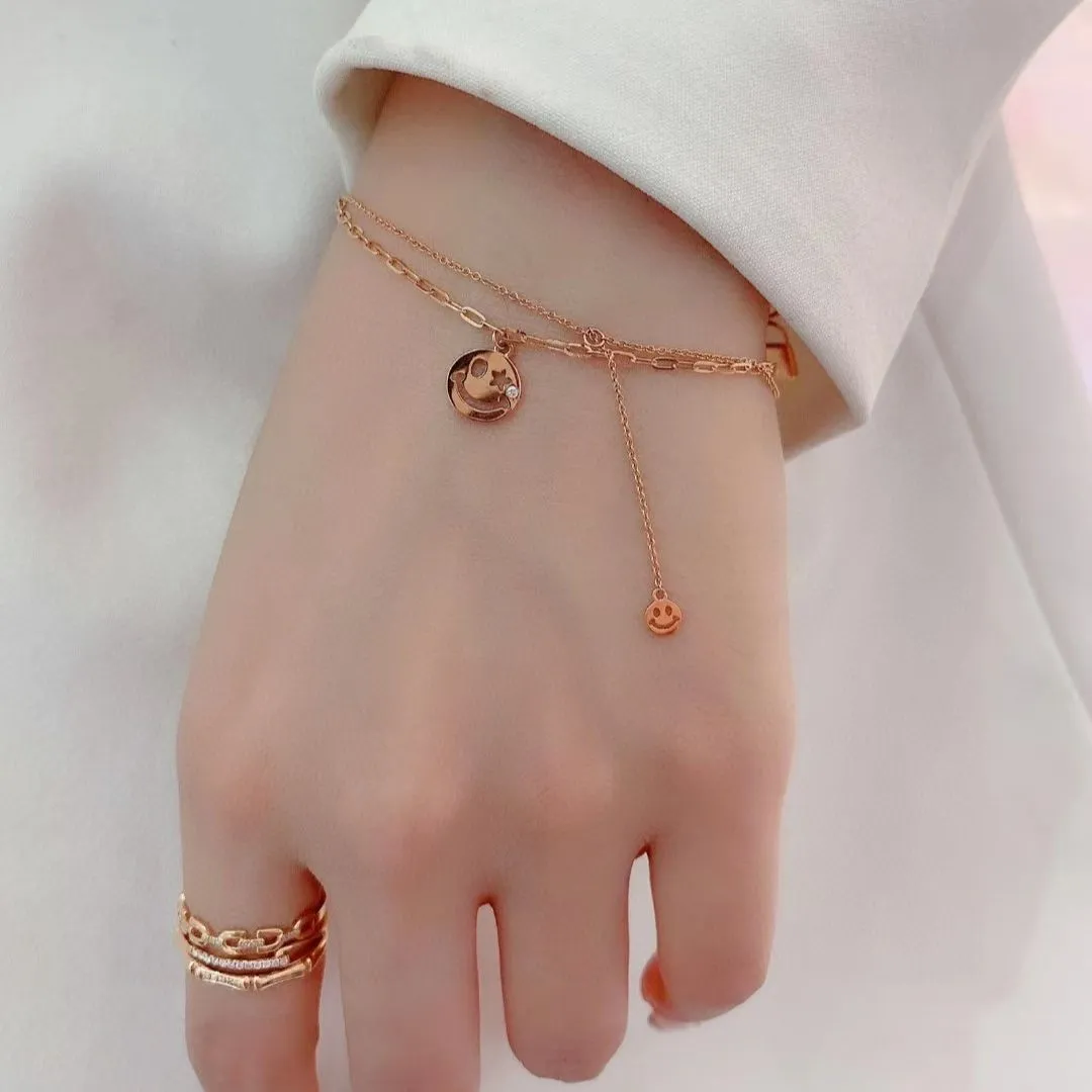 18K Gold Smile Custom Bracelet Fashion Double Solid Yellow Gold Jewelry Women Layer Wedding Diamond Medal Bracelet