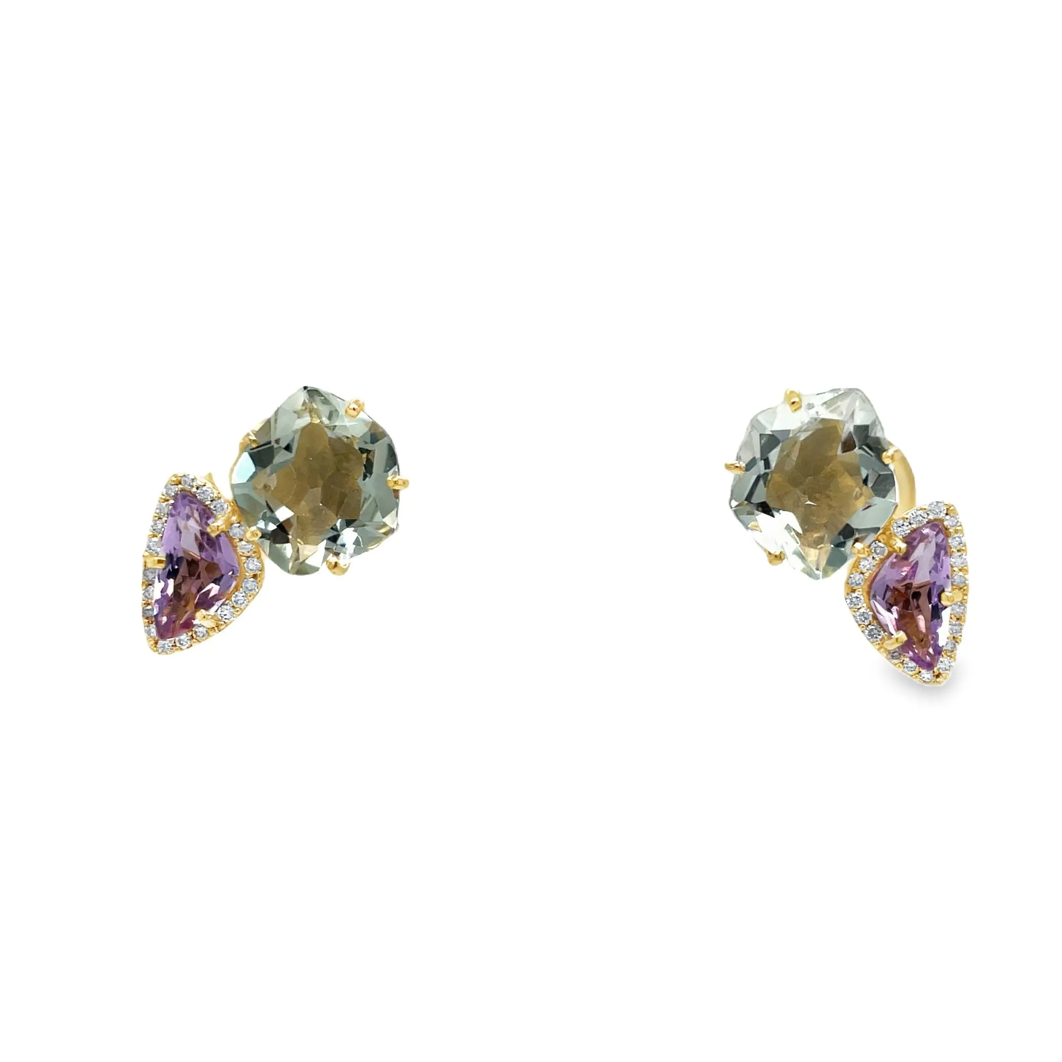 18k Yellow Gold Amethyst, Praziolite & Diamond Stud Earrings