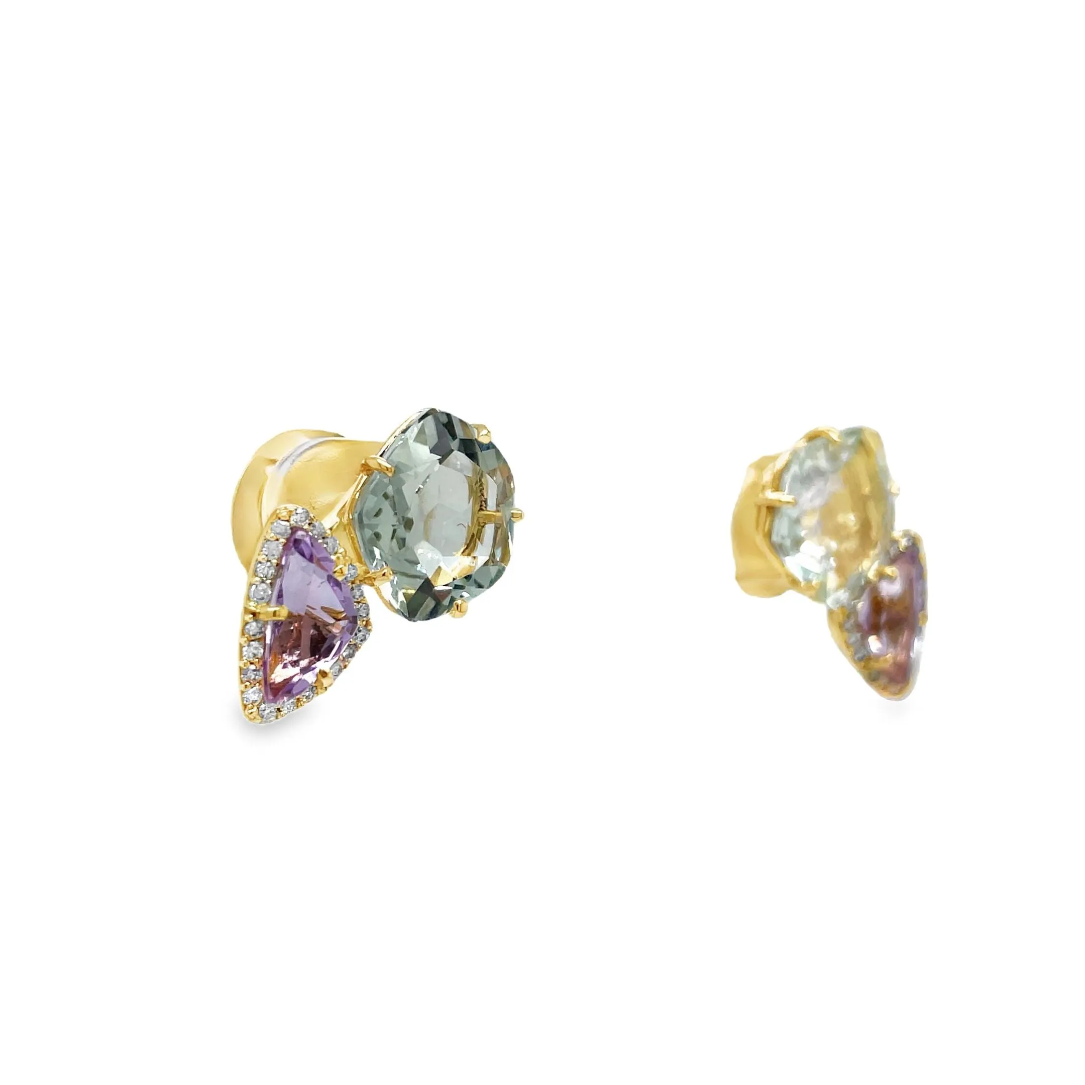 18k Yellow Gold Amethyst, Praziolite & Diamond Stud Earrings