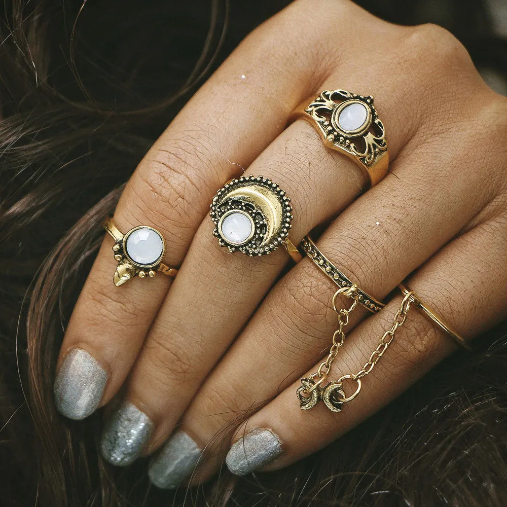 5 pcs /Set Women Bohemian Vintage Silver Stack Rings Above Knuckle Blue Rings Set