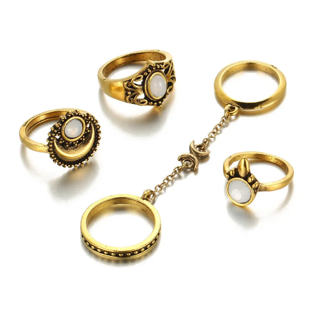5 pcs /Set Women Bohemian Vintage Silver Stack Rings Above Knuckle Blue Rings Set