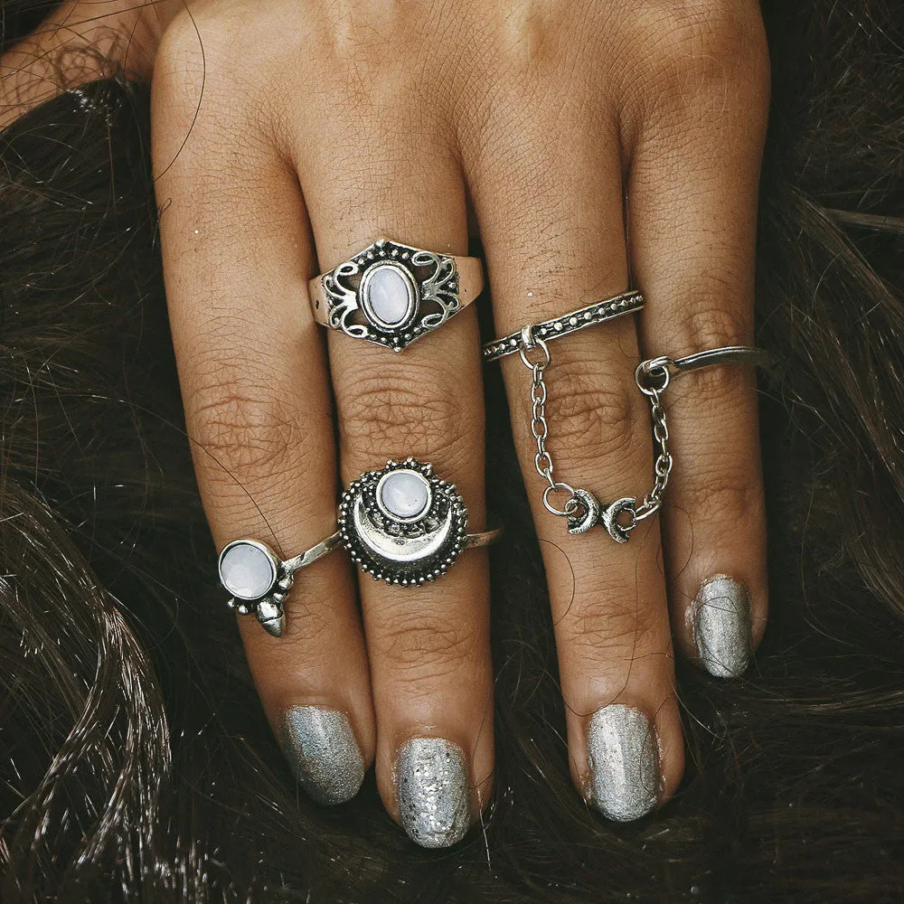 5 pcs /Set Women Bohemian Vintage Silver Stack Rings Above Knuckle Blue Rings Set