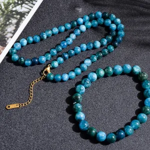 6mm Apatite Short Choker Necklace with Lobster Clasp Bracelet Beaded Tiny Dainty Minimalist Jewelry Sets