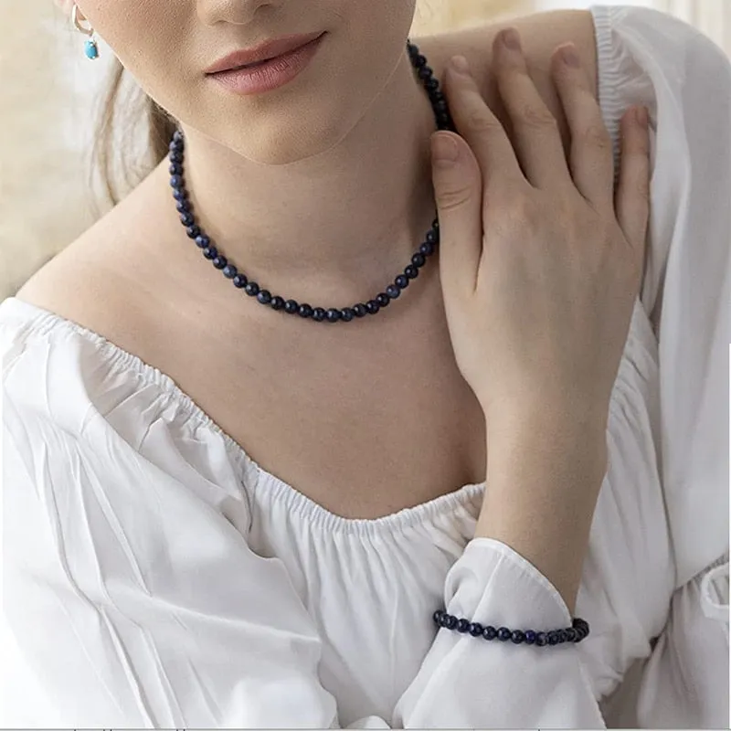 6mm Apatite Short Choker Necklace with Lobster Clasp Bracelet Beaded Tiny Dainty Minimalist Jewelry Sets