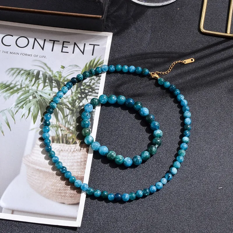 6mm Apatite Short Choker Necklace with Lobster Clasp Bracelet Beaded Tiny Dainty Minimalist Jewelry Sets