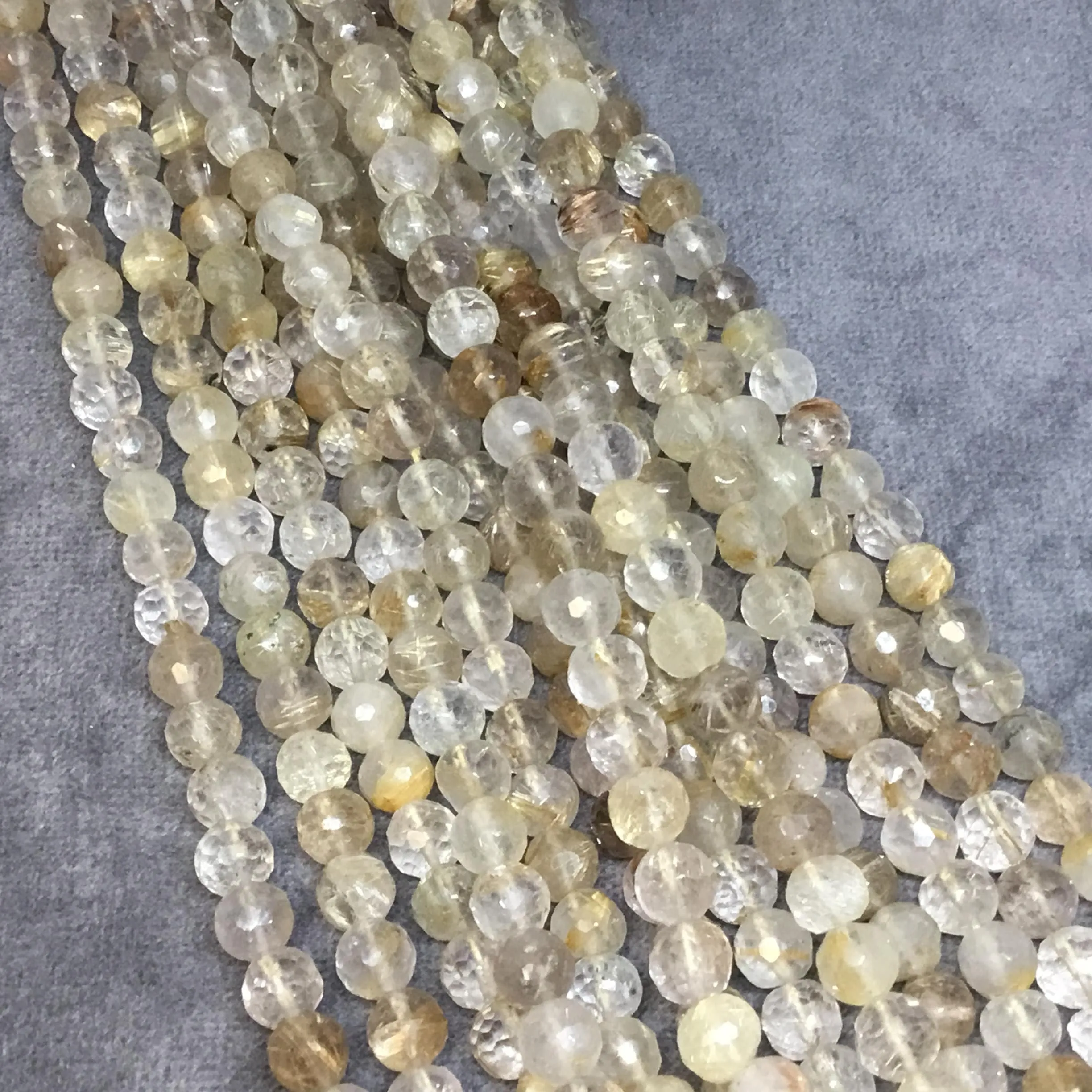6mm Golden Rutilated Quartz Beads | Faceted Round Hand-Cut High-Quality Indian Gemstone | Glossy Finish | 14" Strand (Approx. 63 Beads)