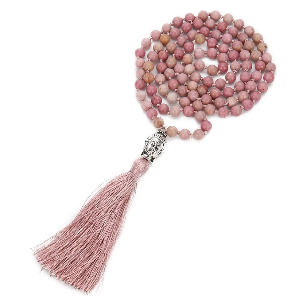 6mm/8mm Natural Rhodolite Beaded Knotted 108 Mala Necklace