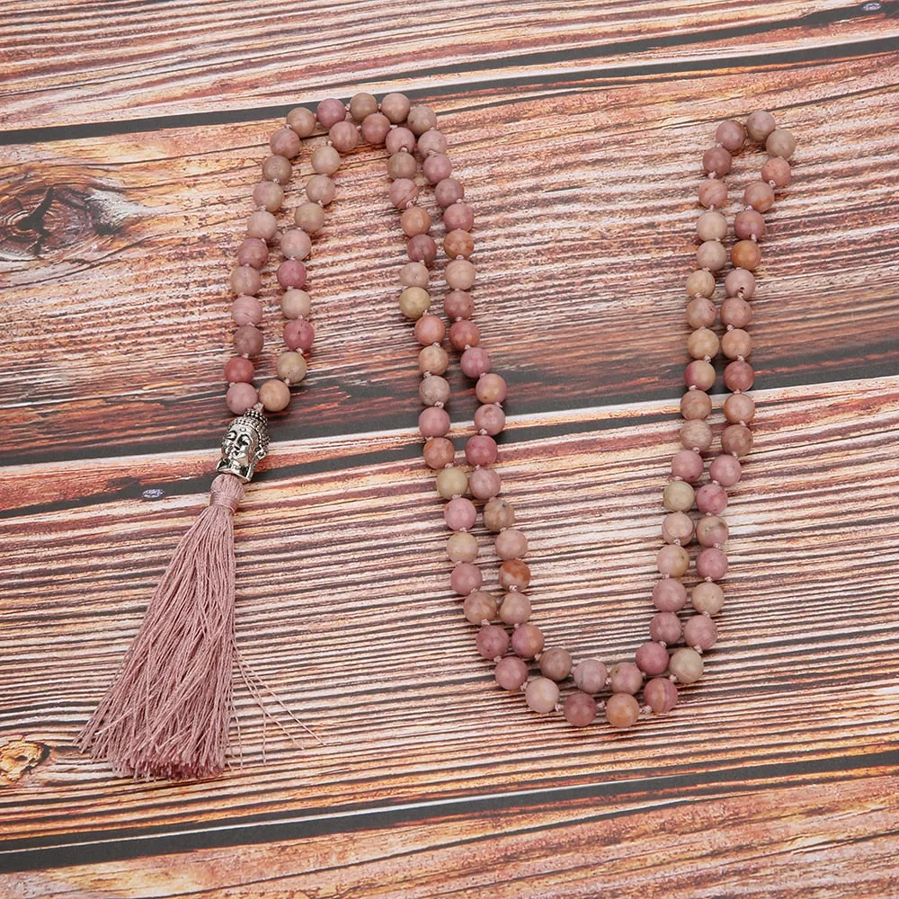 6mm/8mm Natural Rhodolite Beaded Knotted 108 Mala Necklace