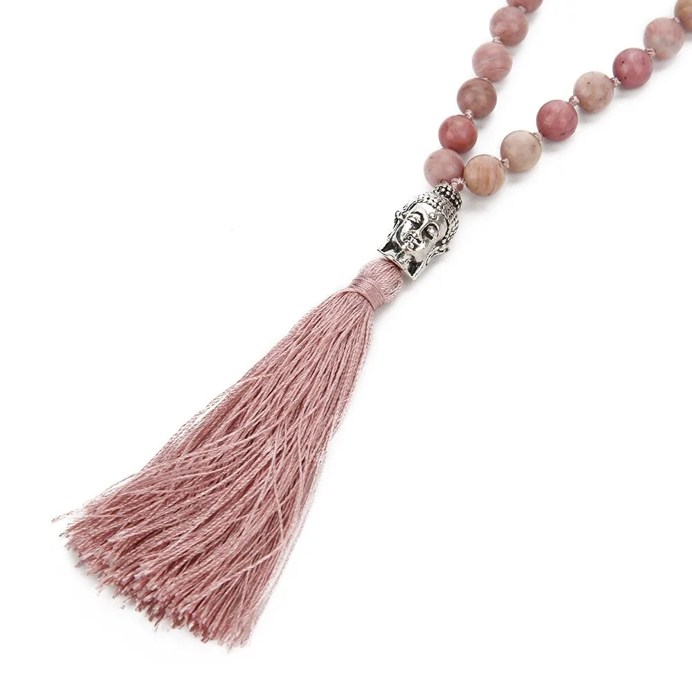 6mm/8mm Natural Rhodolite Beaded Knotted 108 Mala Necklace