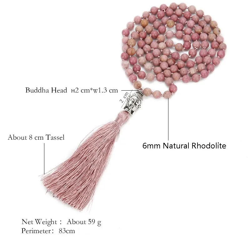 6mm/8mm Natural Rhodolite Beaded Knotted 108 Mala Necklace