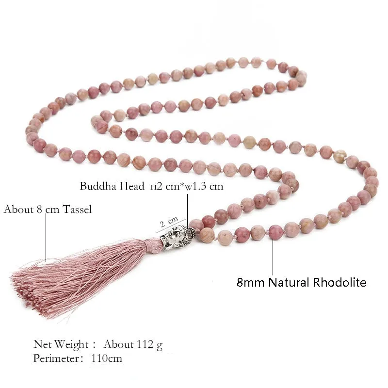 6mm/8mm Natural Rhodolite Beaded Knotted 108 Mala Necklace
