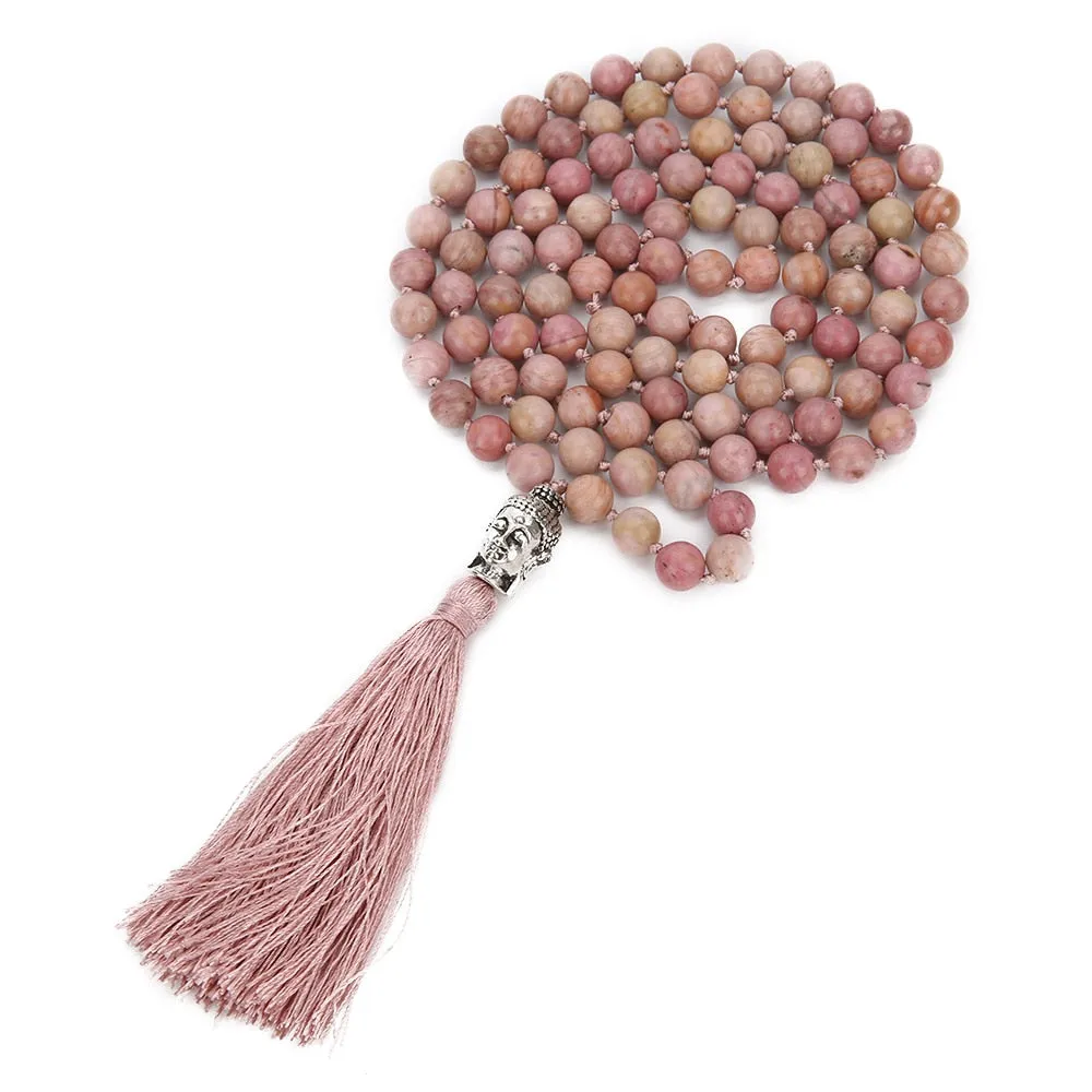 6mm/8mm Natural Rhodolite Beaded Knotted 108 Mala Necklace