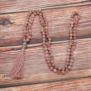 6mm/8mm Natural Rhodolite Beaded Knotted 108 Mala Necklace