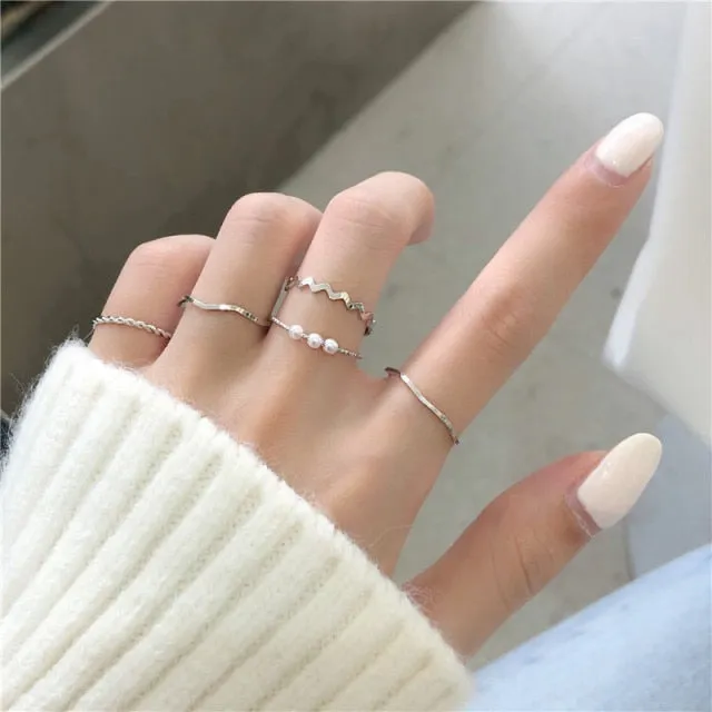 7Pcs Simple Trendy Punk Gothic Hip Hop Knuckles Rings Set