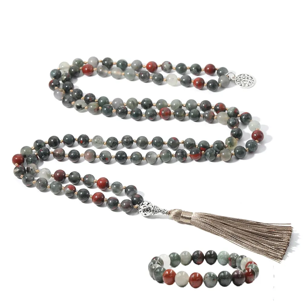 8mm African Blood Stone Beaded Necklace Bracelet 108 Mala Prayer Beads Meditation Yoga Japamala Set