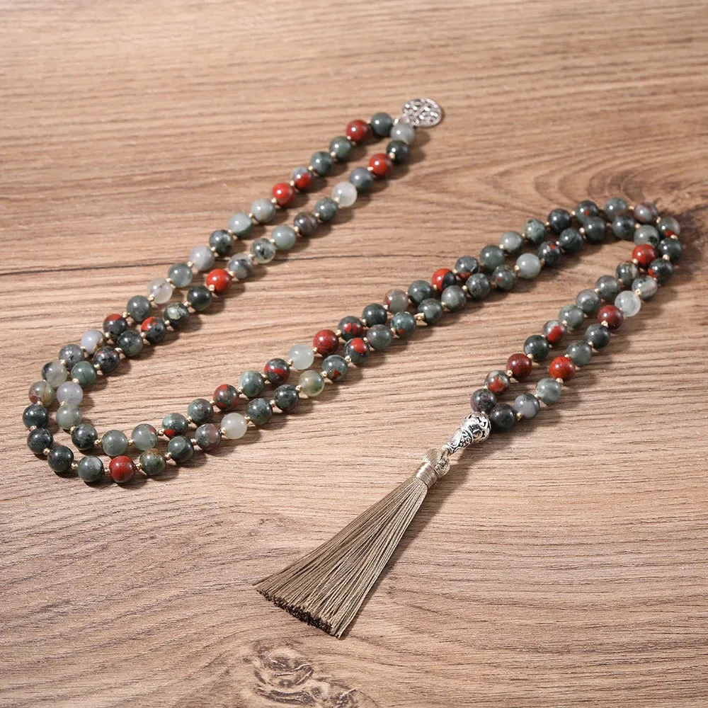 8mm African Blood Stone Beaded Necklace Bracelet 108 Mala Prayer Beads Meditation Yoga Japamala Set