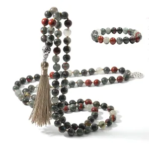 8mm African Blood Stone Beaded Necklace Bracelet 108 Mala Prayer Beads Meditation Yoga Japamala Set