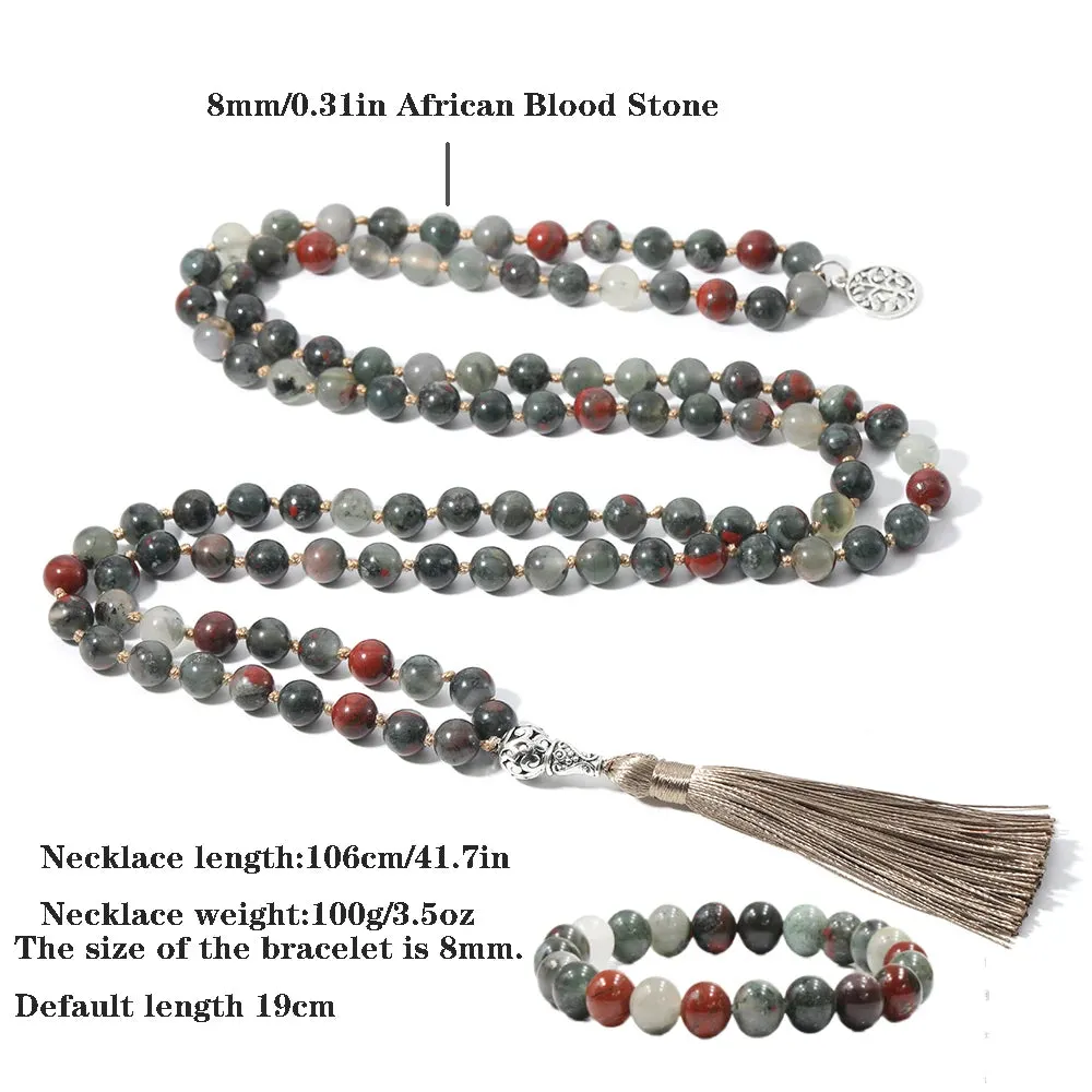 8mm African Blood Stone Beaded Necklace Bracelet 108 Mala Prayer Beads Meditation Yoga Japamala Set