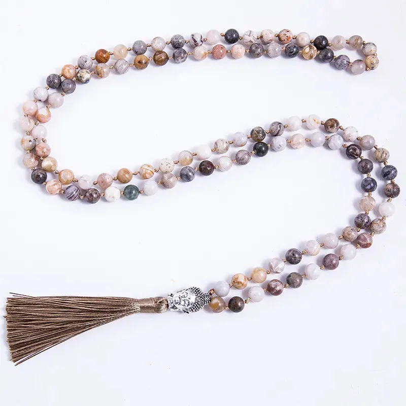 8mm Bamboo Leaf Agate Beaded Knotted Necklace Meditation Yoga Blessing Jewelry 108 Japamala Rosary