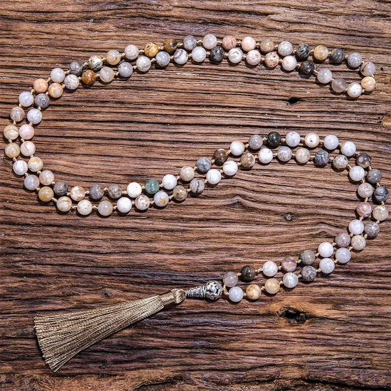 8mm Bamboo Leaf Agate Beaded Knotted Necklace Meditation Yoga Blessing Jewelry 108 Japamala Rosary