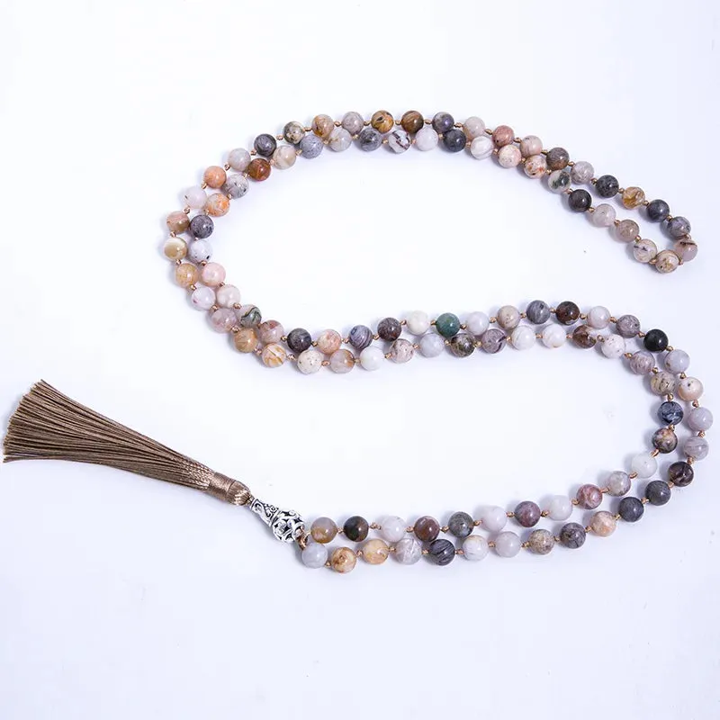 8mm Bamboo Leaf Agate Beaded Knotted Necklace Meditation Yoga Blessing Jewelry 108 Japamala Rosary