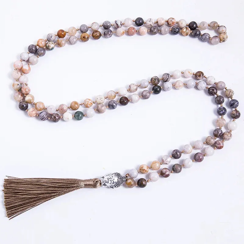 8mm Bamboo Leaf Agate Beaded Knotted Necklace Meditation Yoga Blessing Jewelry 108 Japamala Rosary