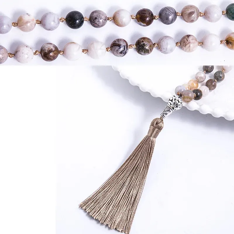8mm Bamboo Leaf Agate Beaded Knotted Necklace Meditation Yoga Blessing Jewelry 108 Japamala Rosary